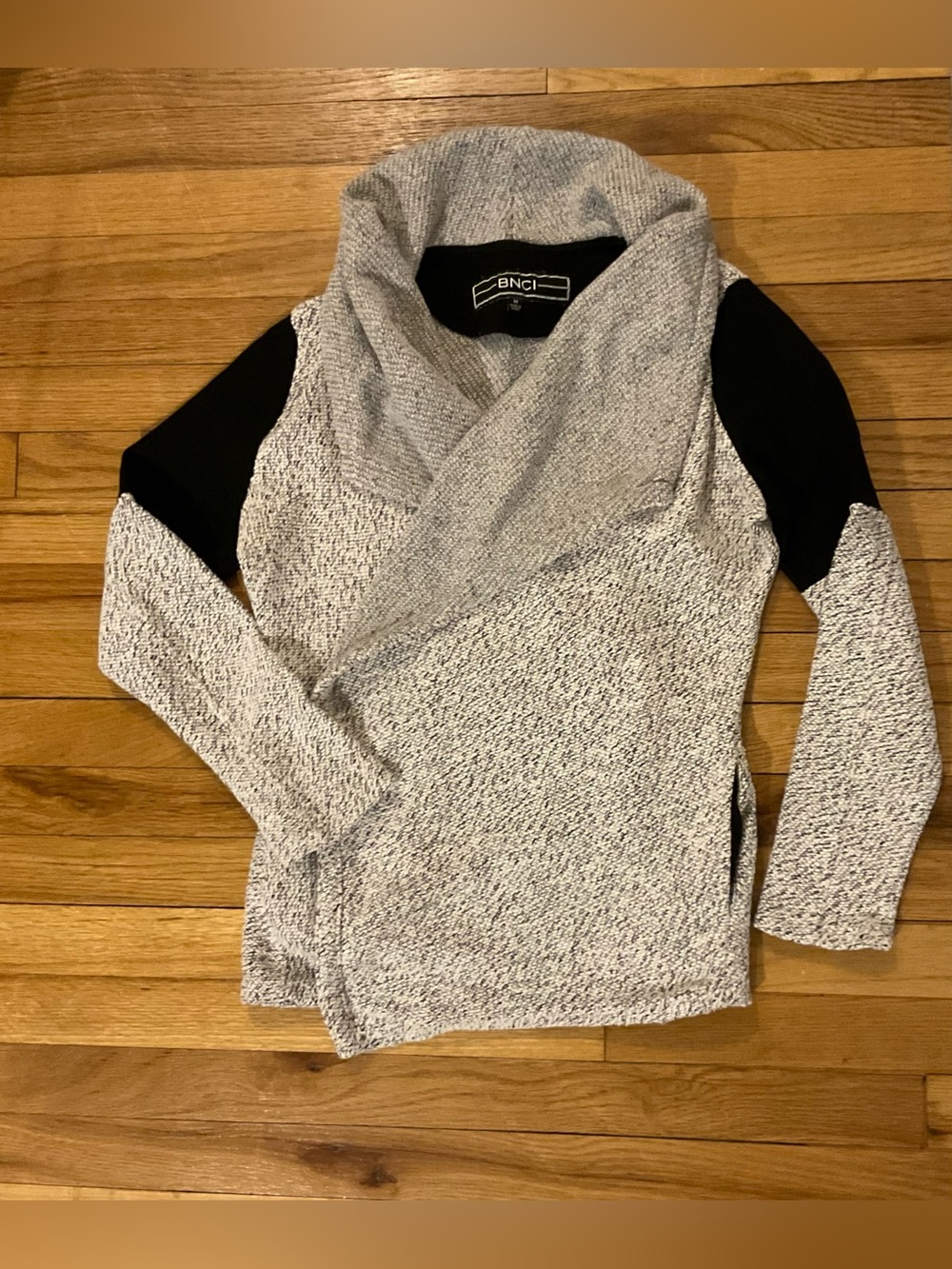 BNCI cardigan with shawl collar & drape front. Gray w/black. Size Medium.